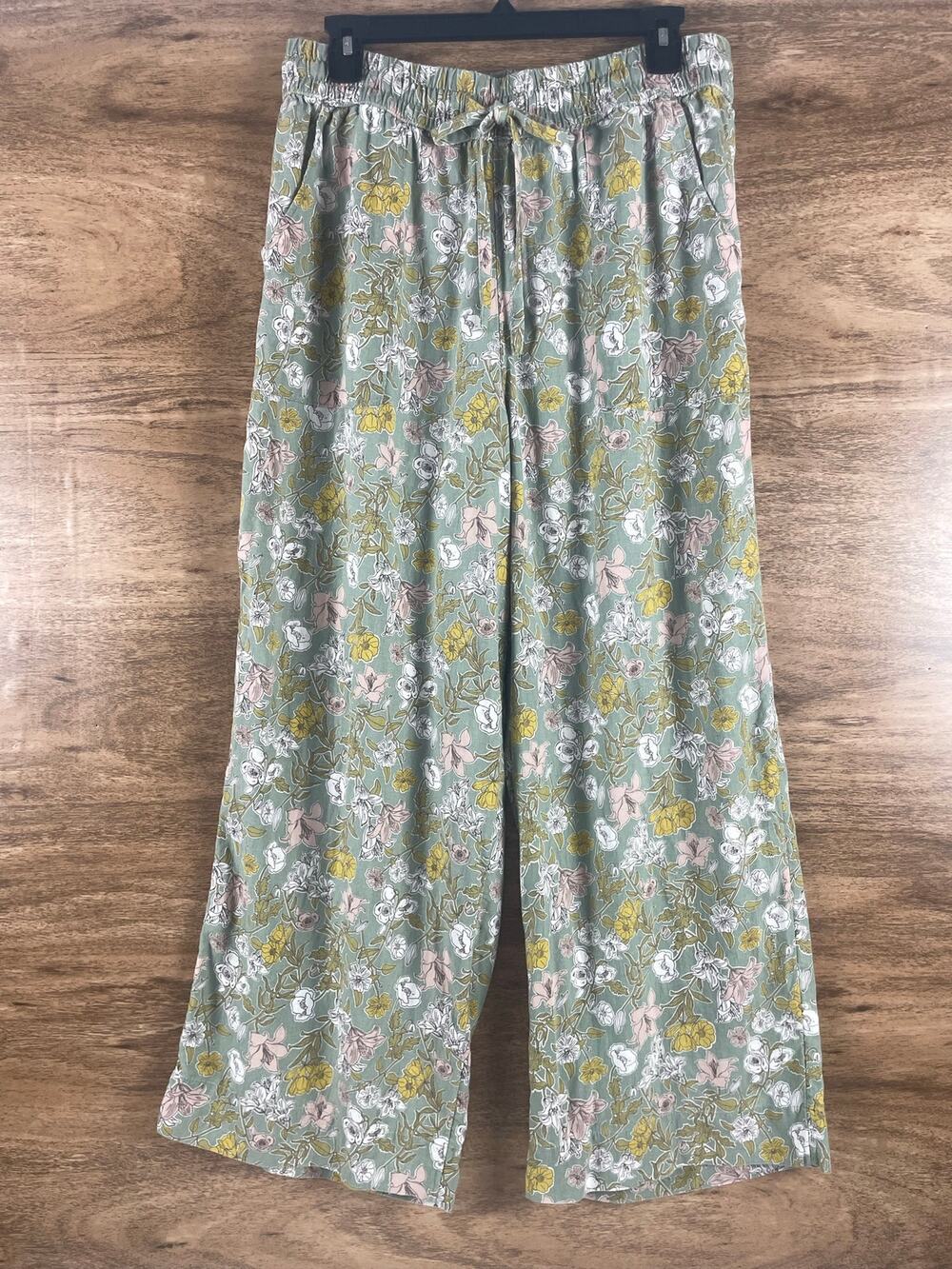 Cynthia Rowley Green Floral Linen Blend Wide Leg Pants Womens Large